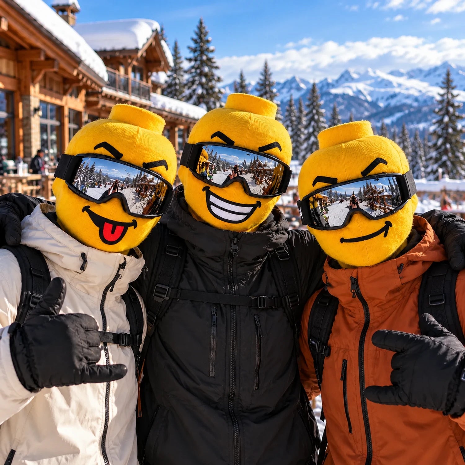 Three friends wearing different Yellow-Head Ski Mask expressions
