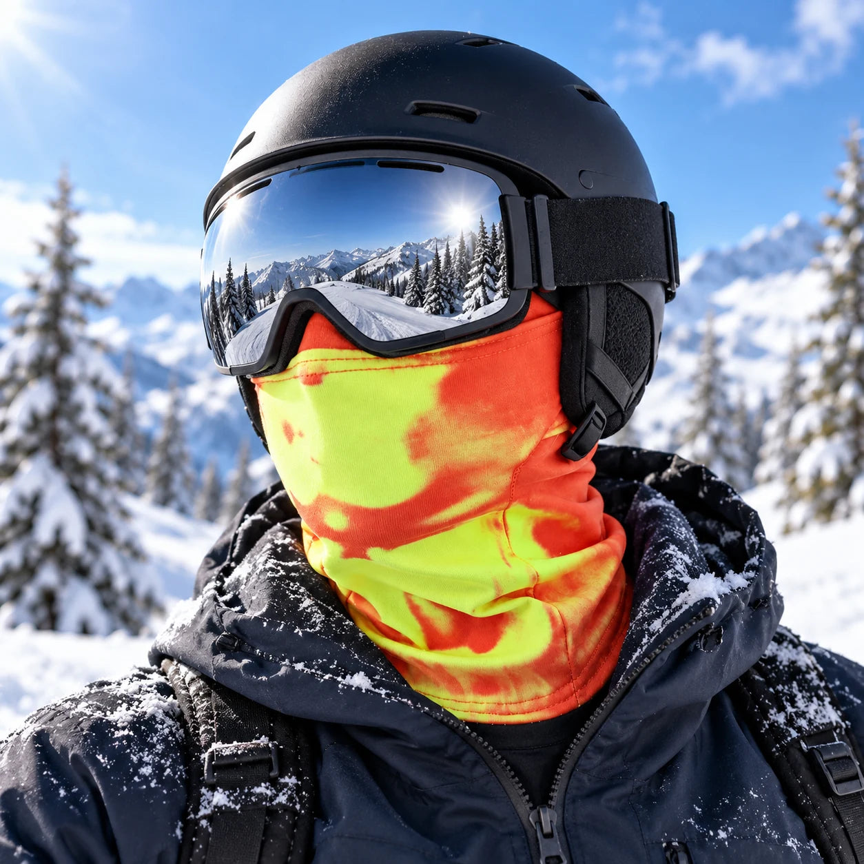 Orange Chameleon Ski Mask worn with goggles in the mountains