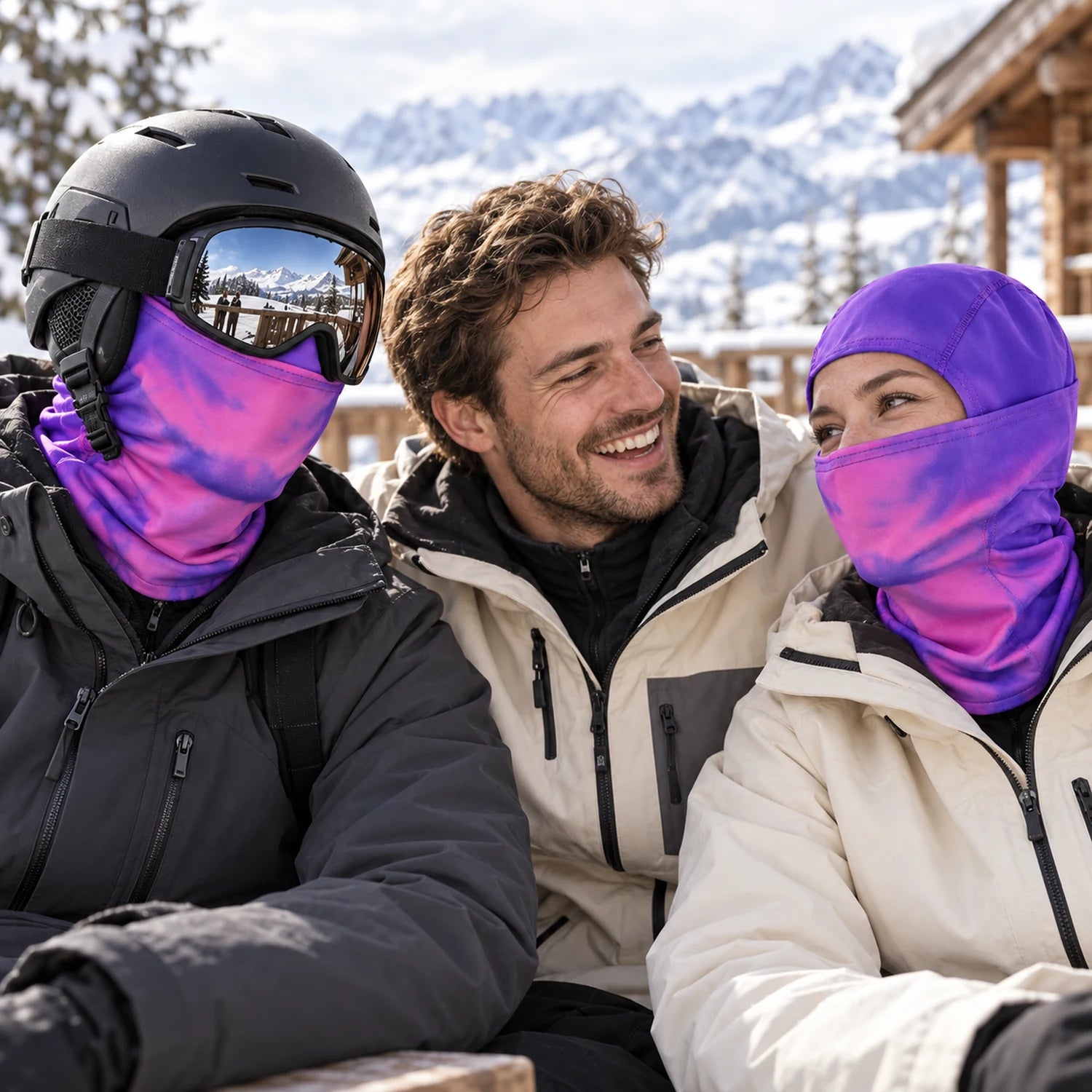 Friends wearing purple Chameleon Ski Masks