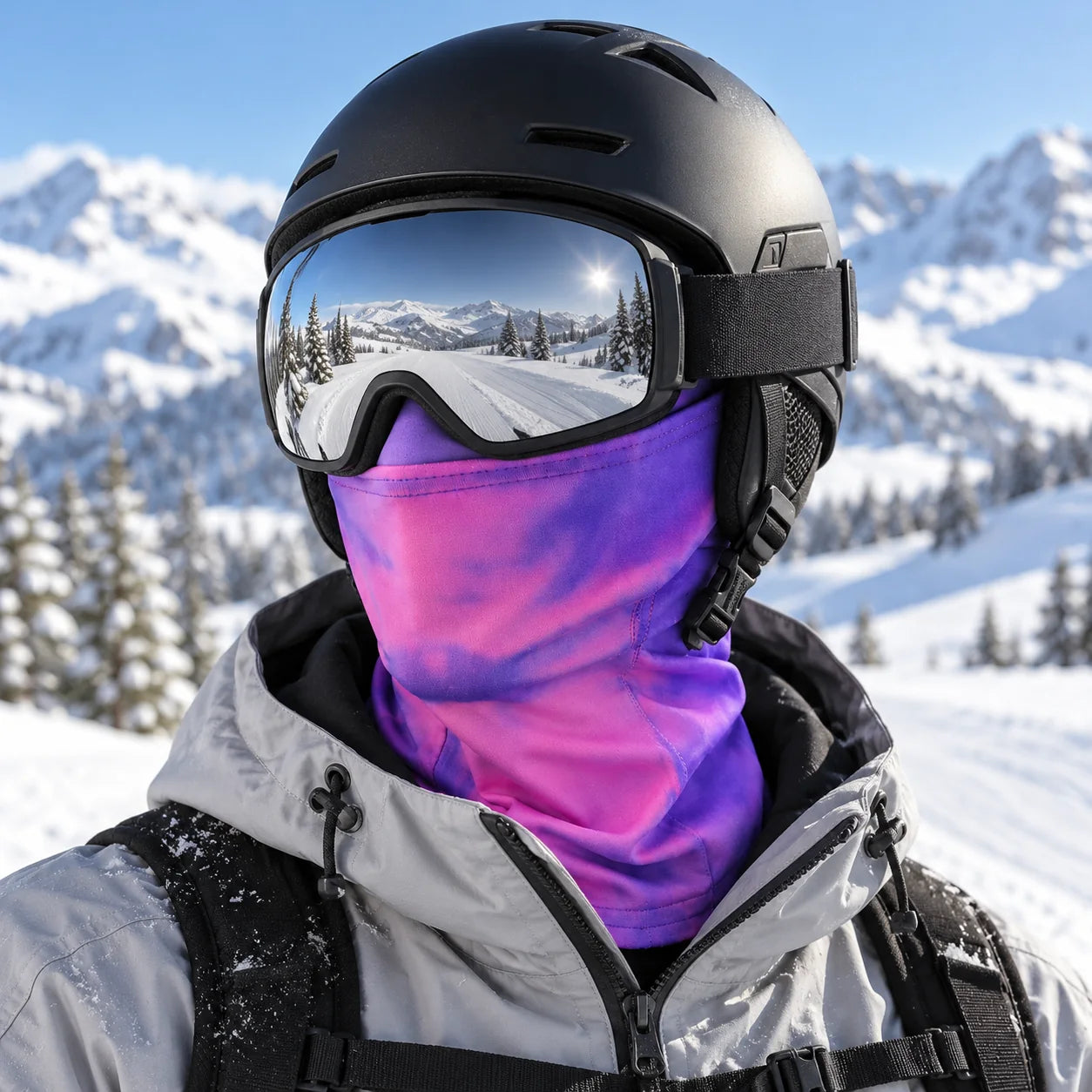 Purple Chameleon Ski Mask worn with goggles in the mountains