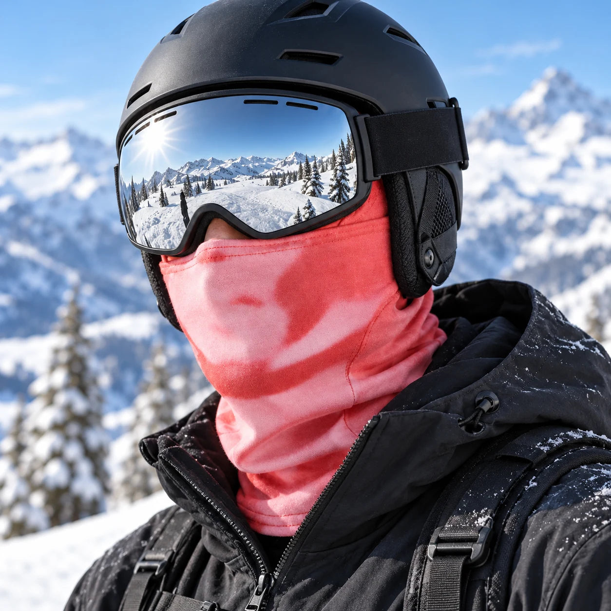 Red Chameleon Ski Mask worn with goggles in the mountains