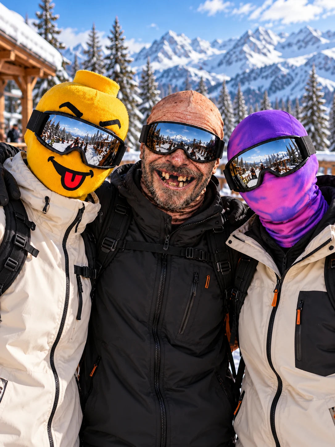 Friends wearing SNOK ski masks on a snowy mountain